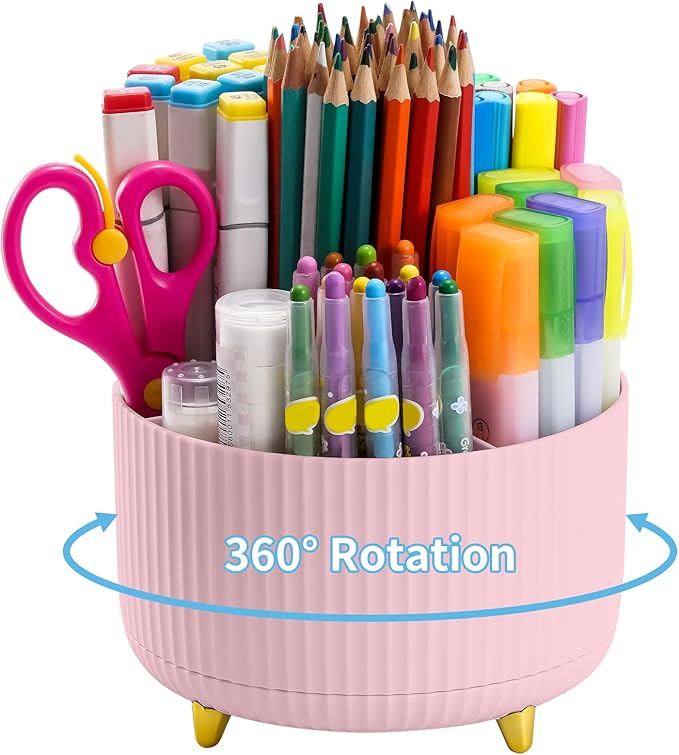 Marbrasse Desk Organizer, 360-Degree Rotating Pen Holder, Desk Organizers and Accessories with 5 Compartments Pencil Organizer, Art Supply Storage Box Caddy for Office, Home(Pink)