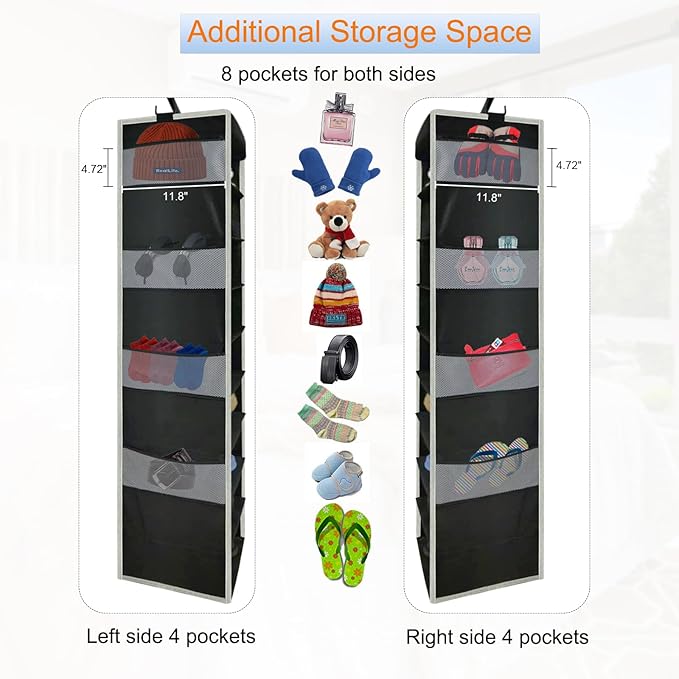 2 Pack Large-Sized Hanging Shoe Organizer 10-Shelf, Sturdy Hanging Closet Organizer with 8 Side Pockets, Wider Hanging Shelves for Storage Shoes Clothes Jeans Shirts Toys, Black