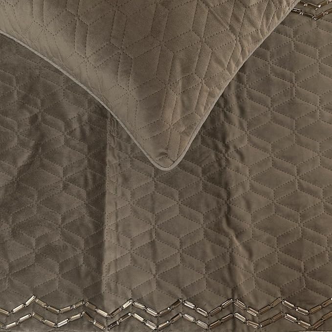 The HomeCentric King Queen Twin Gray Handmade Full 68"x18" Bed Runner with 2 Pillow Cover, Quilted & Crystals Bed Scarf on Velvet Fabric - Grey Diamond Symphony