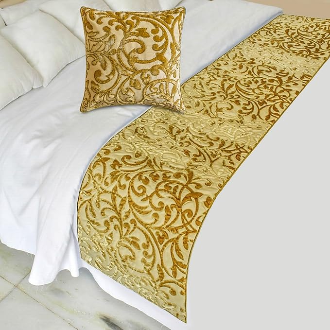 The HomeCentric King/Queen/Twin Beige Gold Decorative Bed Runner CA King 86"x18" Bed Runner with Two Pillow Cover, Cut Velvet, Beaded Bed Scarf on Velvet Fabric - Serene Symphony