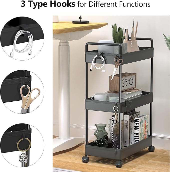 SOLEJAZZ 3 Tier Rolling Storage Cart with Wheels Slim Craft Nail Makeup Snack Art Baby Utility Cart Organizer on 2 Lockable Wheels for Bathroom Laundry Room Kitchen Bedside Narrow Spaces, Black