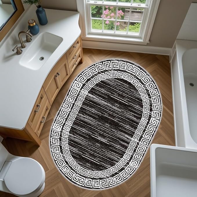Minimalist Distressed Black Off White Greek Key Pattern Bordered Rug 12x15 for Liivng Room Bedroom Dining Room Soft Non Skid Washable Large Rugs Nursery Dorm Kitchen Rustic Classic Indoor Oval Carpet