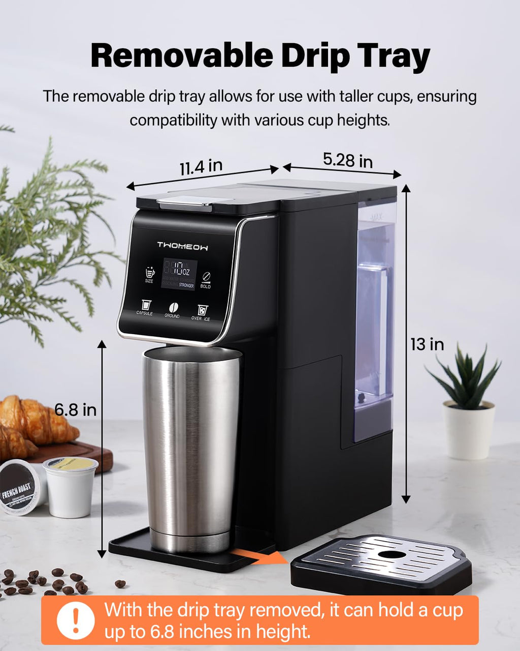 Coffee Maker Hot & Iced With Bold Setting,Single Serve Coffee Maker For K Cup And Grounds,52 Oz Removable Water Tank,6-14 Oz Brew Sizes,One Cup Kcup Coffee Machine With Reusable Filter,(Black)