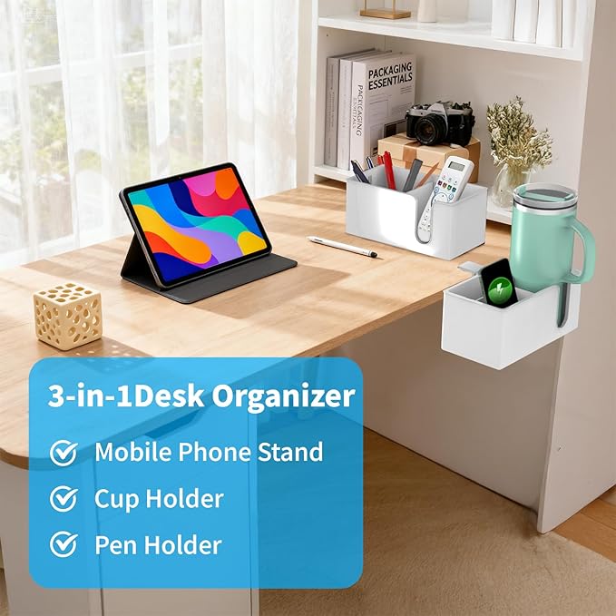 OOKUU 3-in-1 Desk Organizer - Large Desk Cup Holder Clamp, Pencil Holder and Phone Stand - Detachable Anti-Spill Table Cup Holder, Office & PC Gaming Desk Accessories for Cup, Phone and Pen (White)