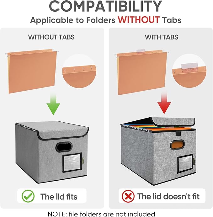 BALEINE File Organizer Box with Lid, Collapsible File Folder Organizer with Plastic Slide, Hanging File Folder Box for Office Document Storage (2 Pack, Grey)