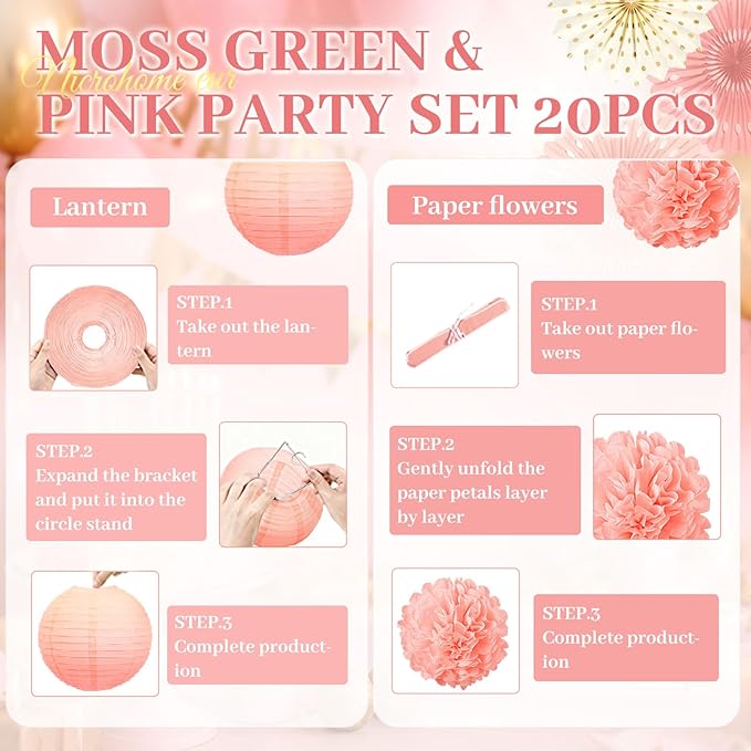 NICROHOME EUR Wedding Decorations, 20 PCS Sage Green and Pink Tissue Pom Poms Paper Lanterns Paper Fans 3D Flower Garlands for Bridal Shower Baby Shower Women Girls Birthday Garden Party Decor