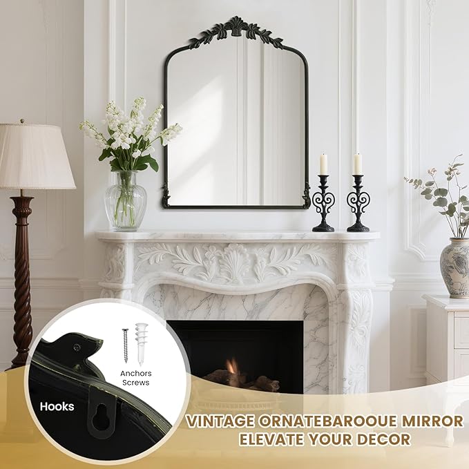 WallBeyond Black Antique Mirror for Vanity 28x36 Inch, Black Vintage Mirror with Ornate Frame, Arched Vintage Wall for Bathroom, Living Room, Fireplace