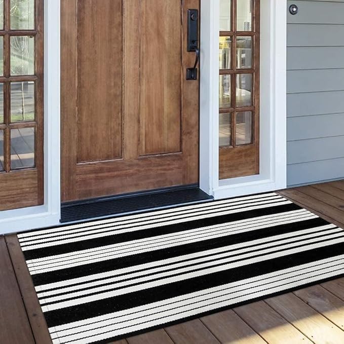 OJIA Black and White Striped Outdoor Rug 24''x51'' Washable Front Door Mat Outdoor Entry Rug Doormat Outside Door Mat Cotton Woven Indoor Area Rugs for Porch/Entryway/Entrance Decor