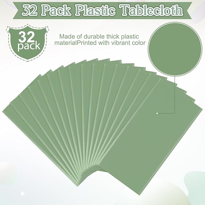 32 Pack Sage Green Plastic Tablecloth for Rectangle Tables, Premium Decorative Sage Disposable Table Cloths for Parties, Rectangle Party Table Cover for Birthday Wedding Baby Shower Party, 54x108 Inch