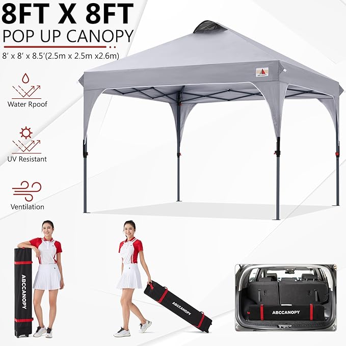 ABCCANOPY Outdoor Pop up Canopy Tent, 8x8 Instant Portable Canopy for Camping, Beach, Backyard, Gray