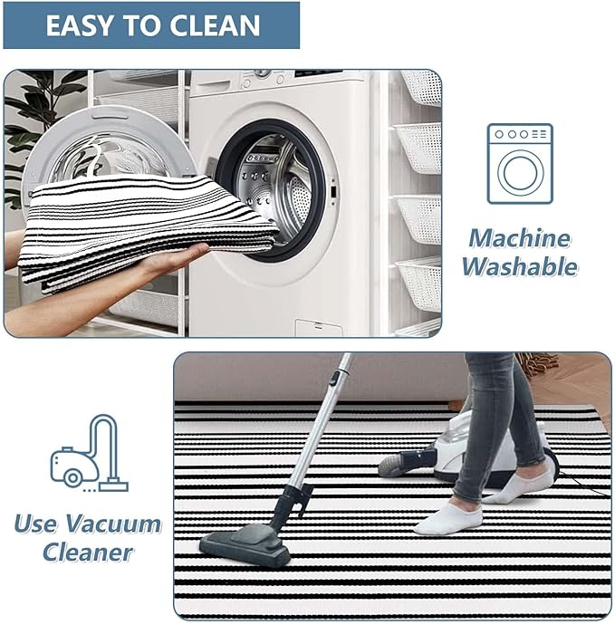 OJIA Black and White Outdoor Rug 3' x 5', Machine Washable Front Door Mats Outdoor, Cotton Hand-Woven Striped Porch Rug Entryway Rug Indoor/Outdoor Area Rug Floor Mat for Farmhouse/Living Room