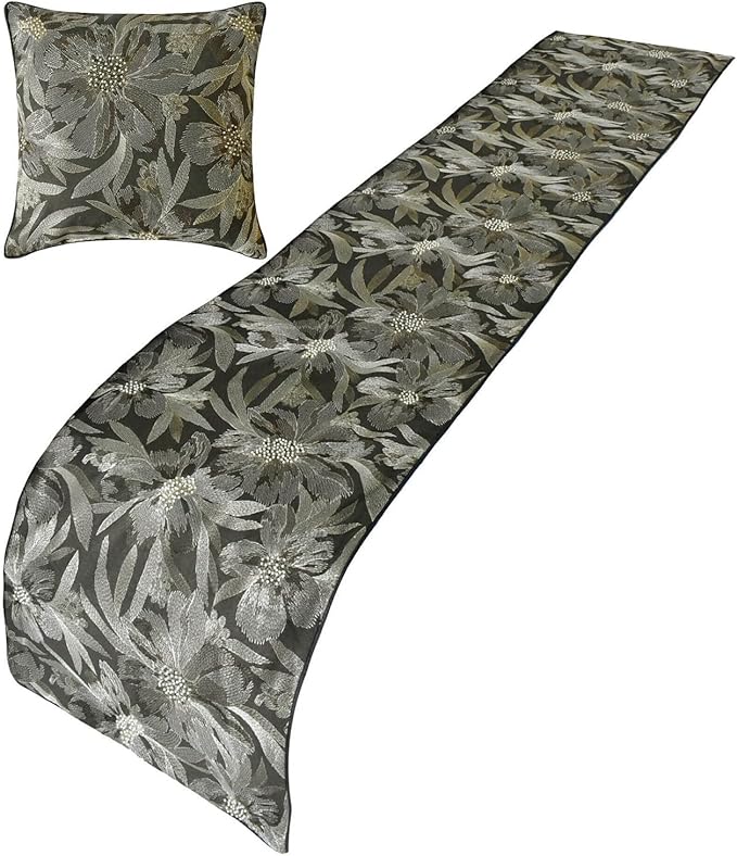 The HomeCentric King/Queen/Twin Grey Decorative Bed Runner Twin 53"x18" Bed Runner with Two Pillow Cover, Embroidery, Floral, Pearl Bed Scarf on Jacquard Fabric - Liana