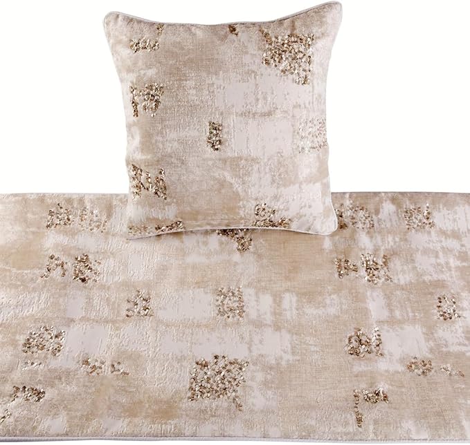 The HomeCentric Ivory Bed Runner, Full Size 68"x18" Decorative Bed Runner with Matching Pillow Cover, Ivory Velvet Bed Scarf in Foil Velvet with Sequin - Creative Grudge