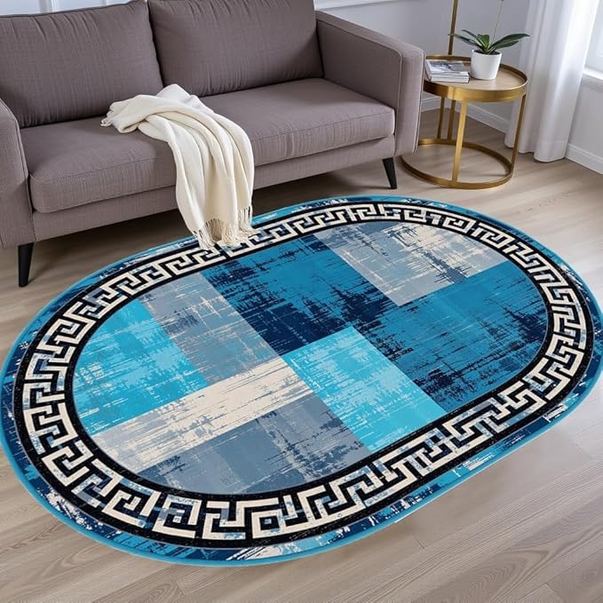 Blue Grey Black Greek Key Pattern Bordered Design Large Carpet for Living Room Bedroom Dining Room Soft Non Slip Low Pile Area Rug 5x7 Farmhouse Doormats Vintage Distressed Home Office Oval Rugs