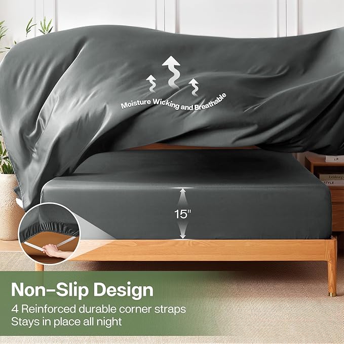 MR&HM Twin Fitted Sheet Only, Ultra-Soft Rayon Derived from Bamboo & Polyester Blend, Silky & Breathable, 15" Deep Pocket with Elastic Straps, Cooling Fitted Sheet for Hot Sleepers, Dark Grey