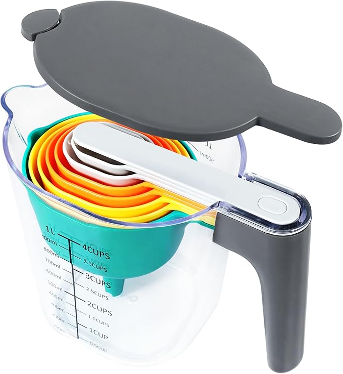Measuring Cups and Spoons set 10 Pieces, Stackable Measuring Cup with Lid, Kitchen Cooking Baking Measuring Set for Liquid and Dry, BPA Free, Dishwasher Safe (Multicolor)