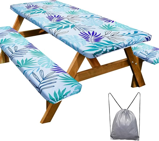 Picnic Table Cover with Bench Covers Camping Essentials Waterproof Windproof Camping Tablecloth with Drawstring Bag, Fitted Rectangle Tables and Seats, 60in, Light Green Blue
