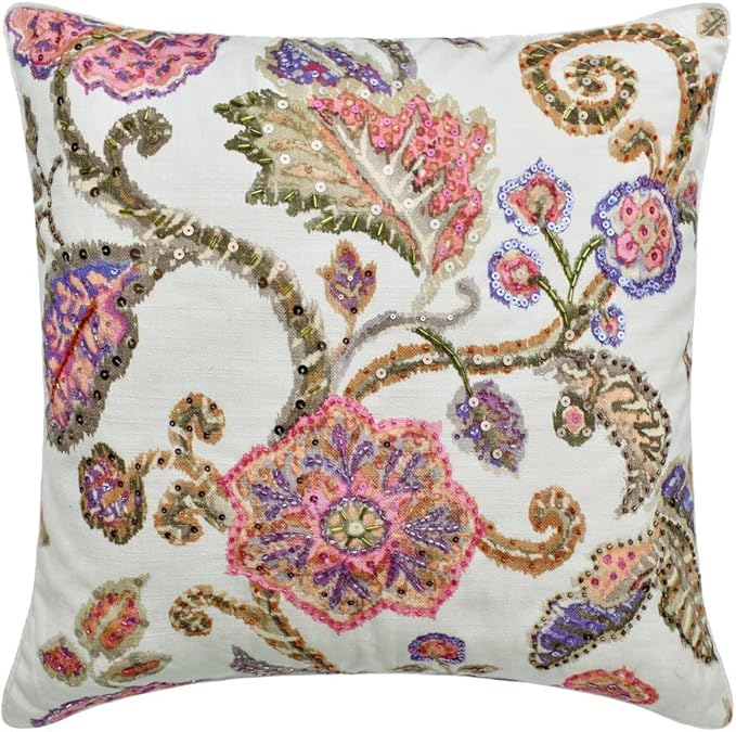 The HomeCentric King/Queen/Twin White & Pink Designer Twin 53"x18" Bed Runner Without Pillow Cover, Floral, Printed, Sequins, Beaded, Embroidery & Handmade Bed Scarf on Cotton Fabric - Aster