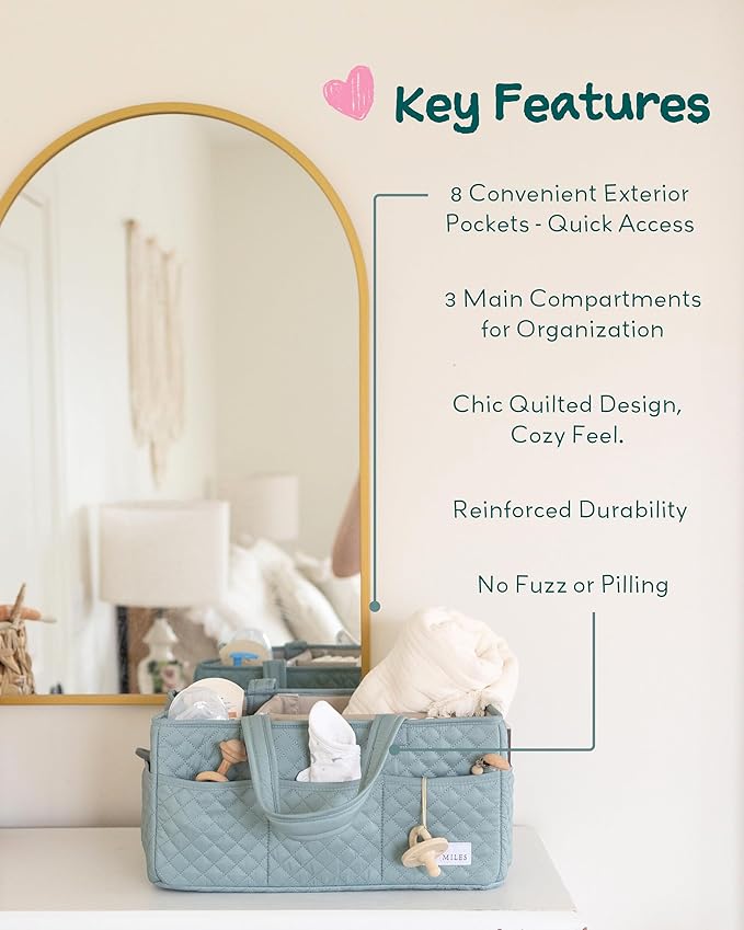 Lily Miles Baby Diaper Caddy Organizer, Quilted Nursery Storage Basket for Newborn Essentials and Diaper Changing Station, Gift for Baby Shower and Registry Must-Have (Willow Green)