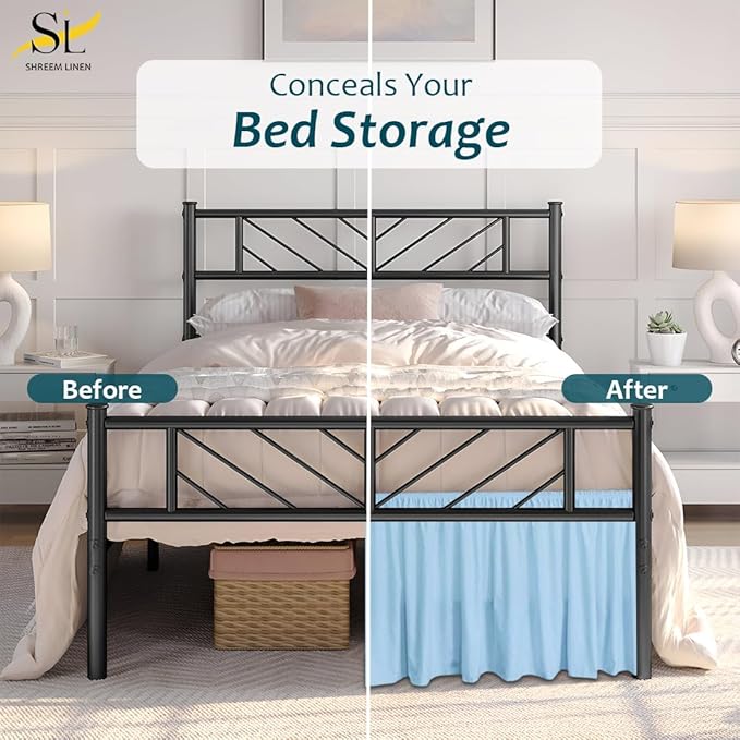 Shreem Linen Ruffled Bed Skirt with Split Corners, Gathered Style, 100% Microfiber, 15-Inch Drop, Dust Ruffle Bedskirt with Platform, Cal-King, Light Blue