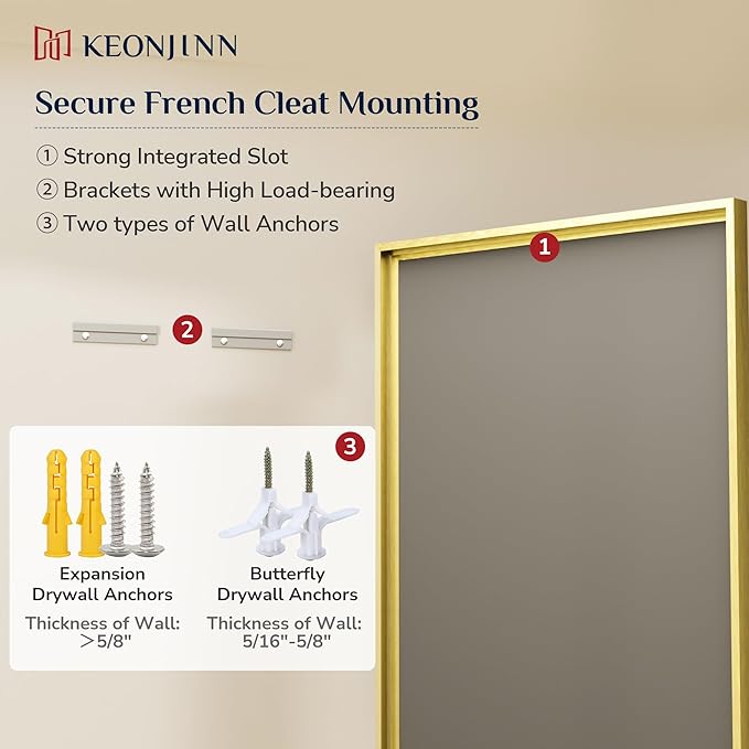 Keonjinn 16" x 24" Gold Bathroom Mirrors, Brushed Gold Framed Mirror, Beveled Tempered Glass, Shatterproof, Lightweight, Modern Farmhouse Rectangle Mirror for Decor, French Cleat Wall-Mounted Mirrors