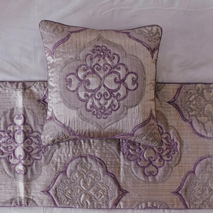 The HomeCentric King/Queen/Twin Purple Decorative King 90"x18" Bed Runner with Pillow Cover, Damask & Quilted Bed Scarf on Jacquard Fabric - Embre Purple