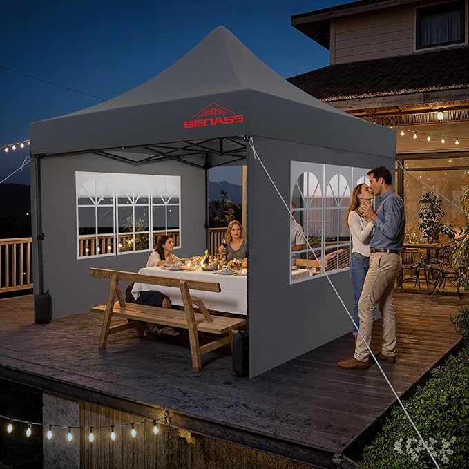 10x10 Heavy Duty Pop Up Canopy with 4 Sidewalls, 550D Commercial Easy Up Canopy Tent, Waterproof Outdoor Party Event Tent with Roller Bag, Grey