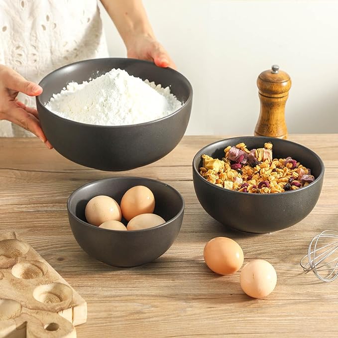 Tikooere Tikoore Ceramic Mixing Bowls Set，Soup Bowls Set of 3, Stoneware Nesting Bowls for Serving, Baking, Salad,Microwave and Dishwasher Safe,24/40/88 oz, Matte Black