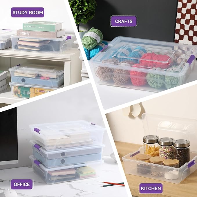 novelinks Clear Plastic Storage Bins with lids, Stackable Storage Containers, Durable Craft Storage Boxes, Organization Containers for Home Office (10 Quart 4 Pack Purple)