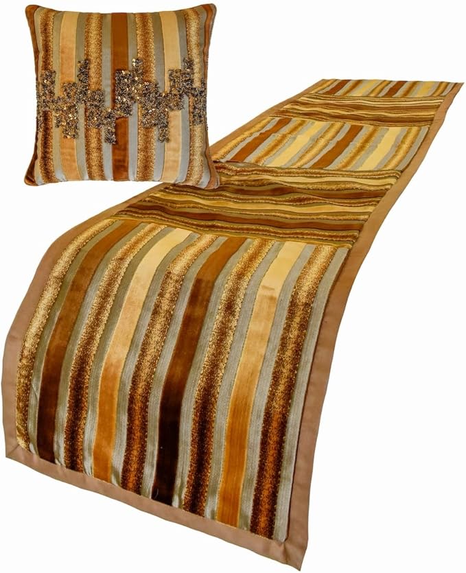 The HomeCentric King/Queen/Twin Gold & Brown Decorative CA King 86"x18" Bed Runner with One Pillow Cover, Striped, Beadwork & Handmade Bed Scarf on Velvet Fabric - Streamlined