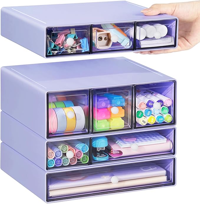 Desk Storage Organizer with 9 Drawers, 4 Tiers Stackable Desktop Craft Storage Drawers, Clear Storage Box Caddy for Stationary Makeup Jewelry Office Craft Supplies (Purple)