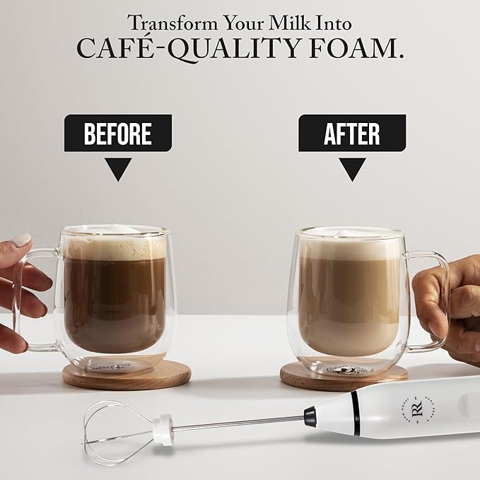 RAHM ROAST Frother Handheld - Powerful Coffee Frother Wand Rechargeable, Ultra Fast Milk Frother Handheld, Electric Whisk Drink Mixer with Stainless Steel for Coffee, Lattes, Matcha | White