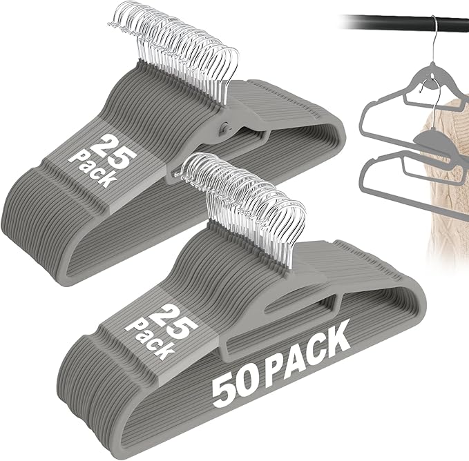Velvet Hangers 50 Pack, S-Shaped and Stackable Non Slip with 360°Swivel Hook, Ultra Thin and Space Saving Flocked, for Suits, Shirts, Coats, 15Lbs Capacity Heavy Duty, Grey