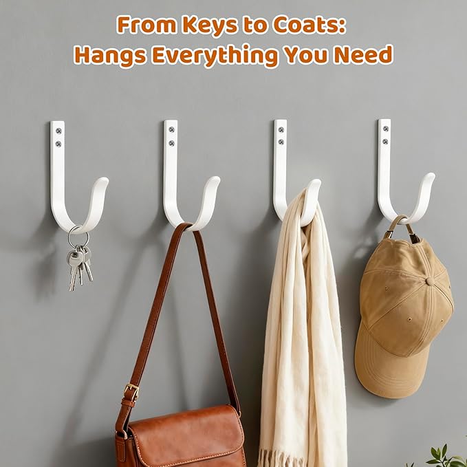 12 Pcs Wall Hooks for Hanging, Large Coat Hooks Wall Mount, Heavy Duty Screw in Metal Hooks for Wall (22LB), Towel Hooks for Bathrooms, Door, Mudroom, Backpack, Clothes, Closet, Purses, White