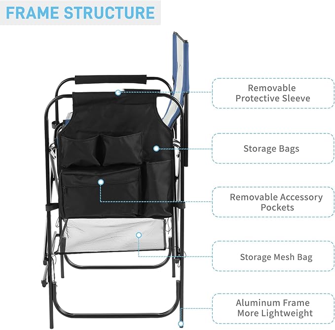 Outvita 2 Piece 26" Tall Directors Chair Height Seat Folding with Side Table Storage Bag, Support for 300Lbs Portable Makeup Artist Chair with Bar Height(Blue/Grey)