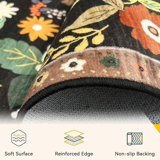 Floral 8x10 Area Rug Machine Washable Soft Print Boho Carpet Non Slip Doormat Low Pile Flower Area Rugs for Living Room Bedroom Nursery Kitchen Dining Room Indoor-Black/Yellow/Red