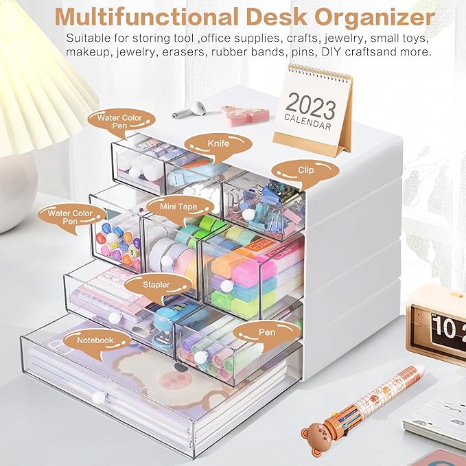 Desk Storage Organizer with 9 Drawers, 4 Tiers Stackable Desktop Craft Storage Drawers, Clear Storage Box Caddy for Stationary Makeup Jewelry Office Craft Supplies (White)