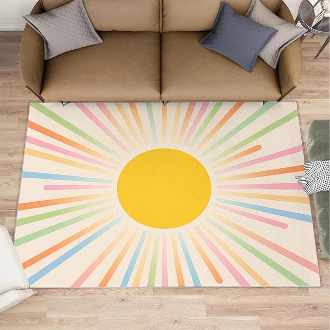 Boho Sun Area Rugs 5x6ft, Minimalist Sunburst Rugs for Kids Bedroom, Abstraction Deco Office Rug Low Pile are Not Stumbling Foot for Living Room End Table Nursery