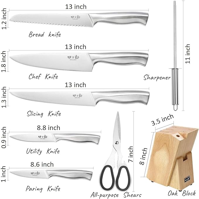 SIXILANG Knife Set, 8 Piece German Stainless Steel Hollow Handle Manual Knife Sharpener Forged Kitchen Knives Set with Oak Wooden Block Gift