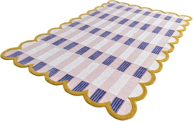 Hand-Tufted Wool Rug with Scalloped Edges, Light Blue Plaid Pattern, Cozy Soft Area Rug for Living Room, Bedroom, and Nursery, Handmade Modern Accent Rug (Pink, 10X14 FEET)