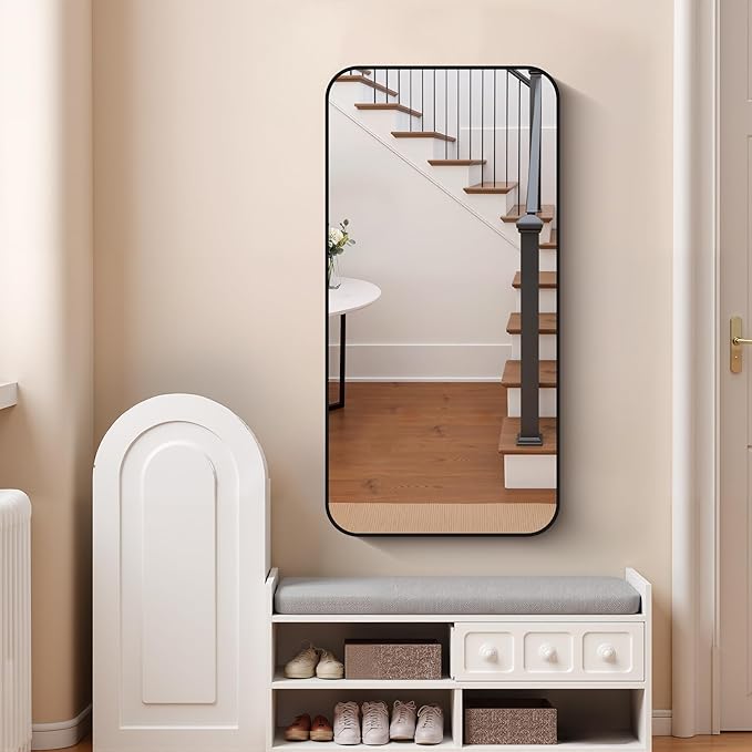 FORBATH Bathroom Mirror 48" x 24", Rectangle Black Narrow Bathroom Mirror with Black Aluminum Frame Rounded Corner, Wall Mounted Mirror for Bedroom Entryway Living Room