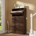 Shoe Storage Cabinet for Entryway with 3 Flip Drawers, Wooden Shoe Organizer with Adjustable Shelf, Freestanding Wood Fluted Panel Shoes Cabinet Closed Shoe Rack for Hallway, Foyer, Walnut