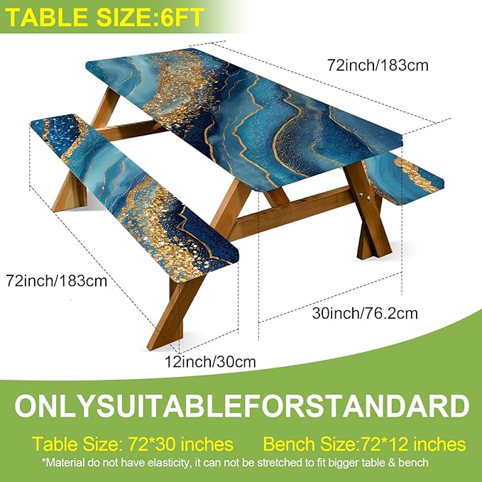 ANNA QUEEN 6FT Blue Marble Picnic Table Cover with Bench Covers Picnic Table Cover Set 3PCS 72"x30", Waterproof Outdoor Bench and Tablecloth Furniture Protection for Camping