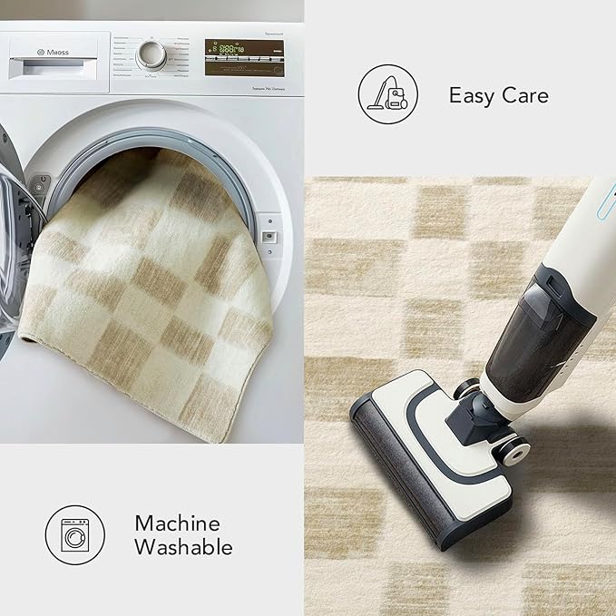 EVERGRACE Checkered Plaid Area Rug 5x7, Soft Faux Wool Rugs Washable Anti Slip Rugs Large Rug Carpet for Entryway Bedroom Living Room Hallway Kitchen Dining Room and Laundry Room, Beige