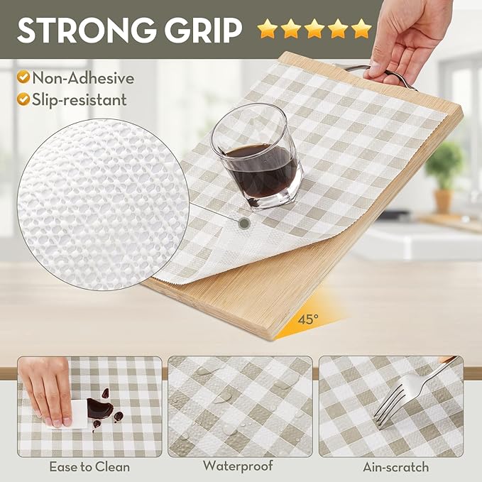Drawer and Shelf Liner, Non-Slip Kitchen Cabinet Liners Non-Adhesive Thick Strong Grip Waterproof Washable Mats Protect Dresser Shelves Cupboard Bathroom Cabinets, Green Plaid, 12 in X 20 FT