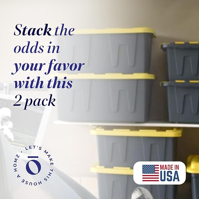 HOMZ 2-Pack Durabilt, Heavy Duty Plastic Storage Bins with Lids, 15 Gallon, Black/Yellow - Stackable Container Boxes for Home, Attic, and Garage Organization