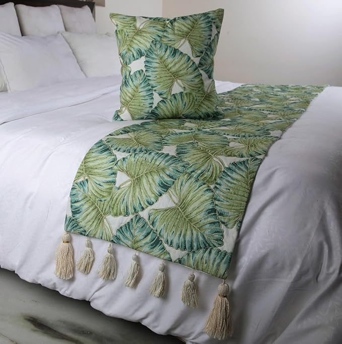The HomeCentric Decorative Designer Handmade Bed Runner with 2 Decorative Throw Pillow Cover, 86 x 18 Inch Designer CA King Size Bed Scarf in Printed Linen & Embroidery Bed Linen - Tropical Feeling