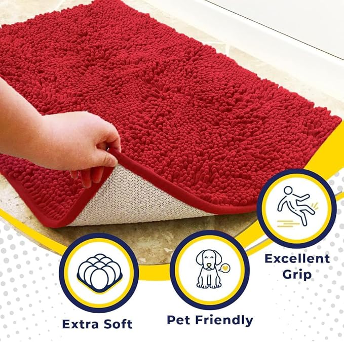 Muddy Mat® Shown on TV – Super Absorbent Microfiber Dog Door Mat for Muddy Paws, Non-Slip Washable Pet Rug, Quick Dry Chenille Entryway Carpet, Machine Washable Indoor Outdoor mat, Red 28"x18"