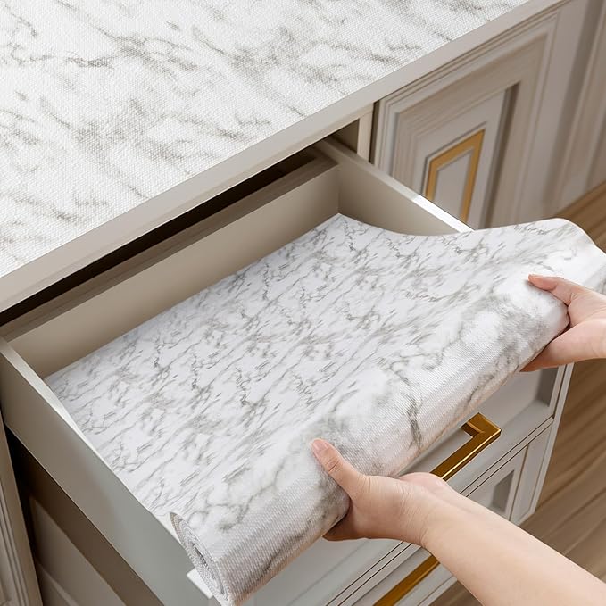 Shelf and Drawer Liner for Kitchen Cabinets Non-Adhesive, Strong Grip Non-Slip Thickened Cabinet Liners for Shelves, Waterproof Mats for Dresser Cupboard, Marble, 17 in x 30 Feet