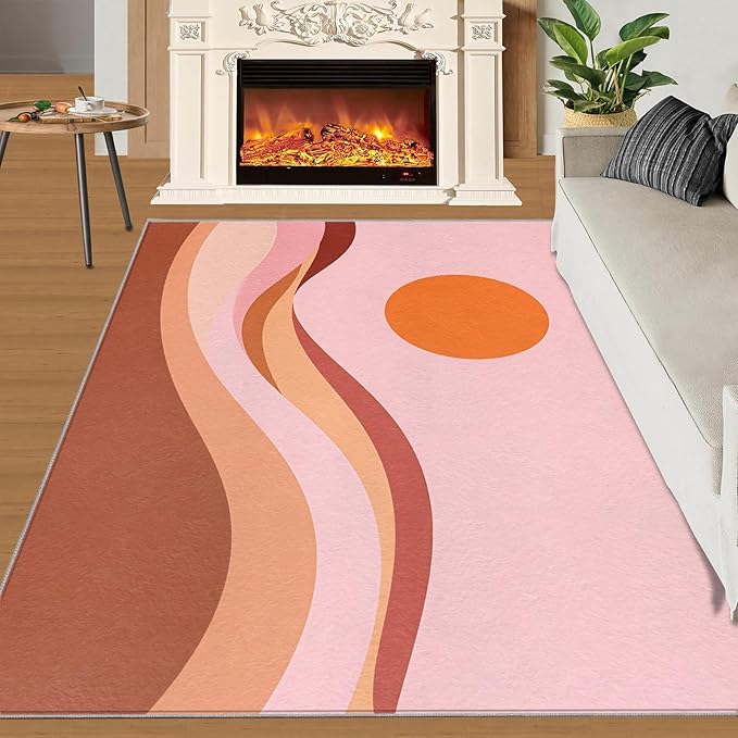 Boho Sun Area Rugs 8x10ft, Minimalist Sunburst Area Rug for Living Room, Abstraction Deco Modern Rug with Double Sided Carpet Tape for Bedroom Men Room Decor